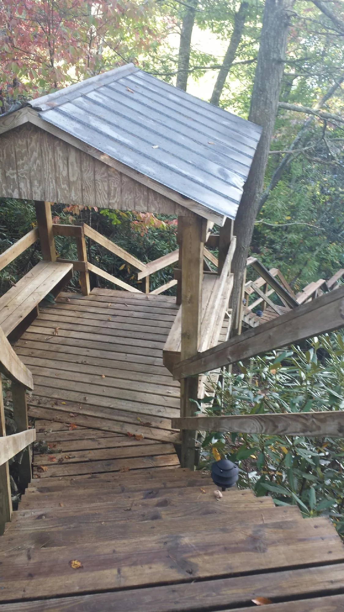 Metal roofed shelter over wooden steps on a wooded walkway — Skylight Repair & Installation work by our crew in Earlsboro